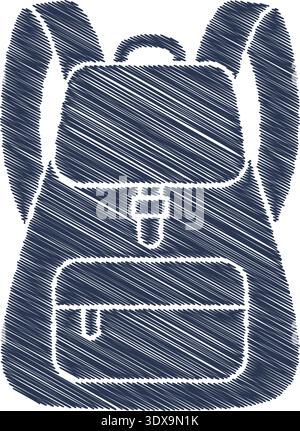 Textured backpack icon with front pocket and straps in a dark blue stitched style Stock Vector