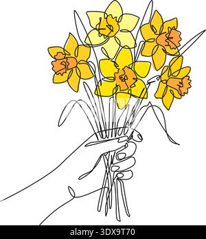 continuous line drawing of hand holding bunch or narcissus flowers, daffodil line art vector illustration Stock Vector