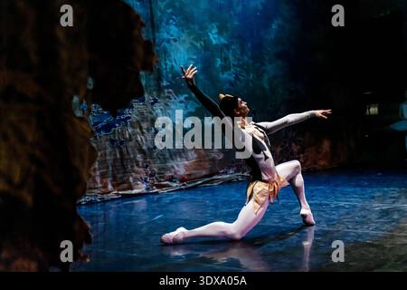 Male ballet dancer in costume on stage in theatrical dance show. Stock Photo
