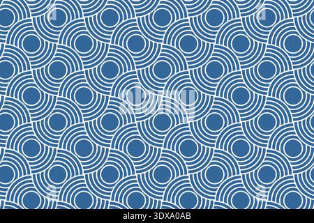 Japanese, Korean or Chinese seamless pattern with blue overlapped circles. Sea or ocean waves, dragon or fish scale texture in oriental style. Abstract Asian ornament. Vector flat illustration. Stock Vector