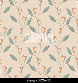 Spring floral print featuring fine lines and soft pastel palette. Minimalistic linear designs, used for textiles, wallpaper, or graphic design, feature beige background, muted pink and yellow flowers, and green leaves. Vector illustration Stock Vector
