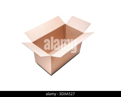 An open, empty brown cardboard box sits on a white background. Stock Photo