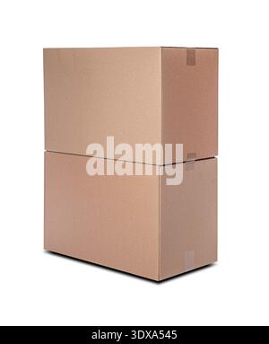 Two identical brown cardboard boxes are stacked vertically against a white background. Stock Photo