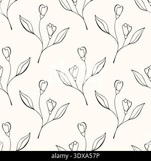 Floral pattern with outline images of plants. This minimalist, black-and-white design is used for wallpaper, fabrics, packaging, and graphic design. Vector illustration Stock Vector