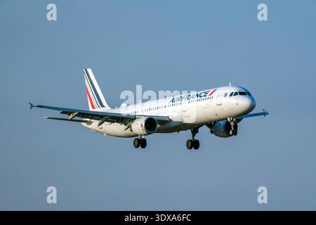 Budapest, Hungary - 03 01 2026: An Air France's airbus approaches the airport as it prepares to land. The sky is clear, and the runway is in view. The Stock Photo