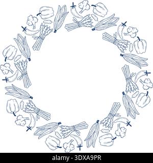 Round vegetable frame. Hand drawn asparagus pods, broccoli, gherkins and peppers in circle. Fillable form. Healthy organic food vector graphic Stock Vector