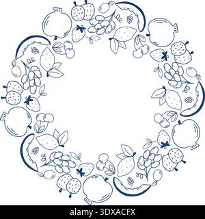 Round fruit hand drawn frame. Pomegranate, lychee, lemon, strawberry, plum, cherry and grape fruits in circle. Fillable form. Vector graphics Stock Vector