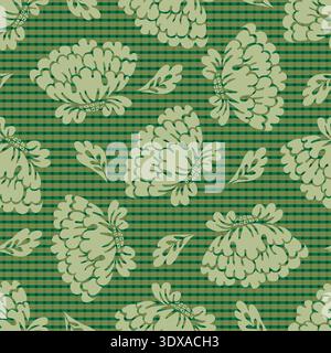 Warm green tossed damask style seamless floral pattern background. Beautiful hand drawn floral motifs on gingham backdrop. Elegant and rustic Stock Vector