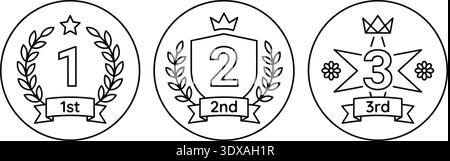 Minimalist line icons representing first, second, and third place awards. Each badge features unique details like laurel wreaths, crowns, and stars Stock Vector
