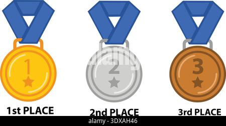 Set of three medals hanging on blue ribbons. Labeled for 1st, 2nd, and 3rd place with star symbols. Clean flat design representing success, achievemen Stock Vector