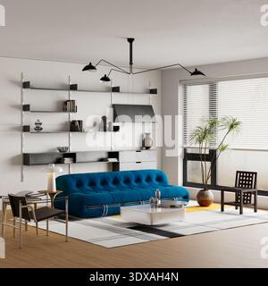 Warm minimalist living room featuring clean wall negative space, teal sofa and contemporary shelving for premium branding background use. 3D illustrat Stock Photo