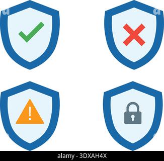 A collection of four blue shield icons for web security status. Visuals include a green checkmark, red cross, orange warning, and grey padlock represe Stock Vector
