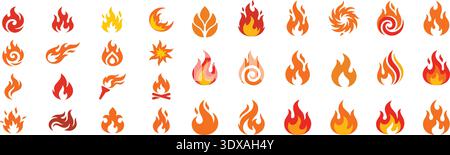 A comprehensive collection of fire and flame icons in vibrant orange and red tones. These flat vector graphics represent heat, energy, and danger for Stock Vector