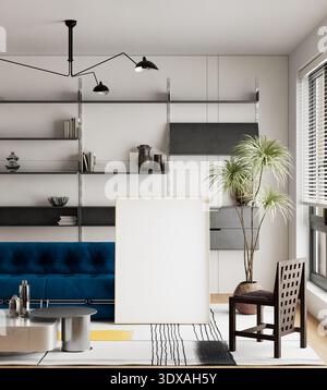 Designer warm minimalist apartment interior showcasing poster frame mockup, abstract wall art and premium contemporary decor. 3D illustration Stock Photo