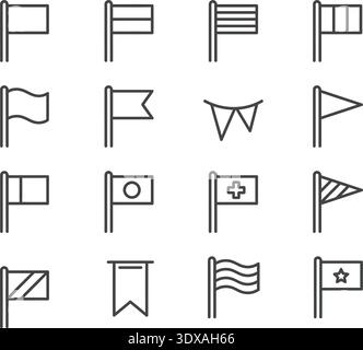 A clean collection of minimalist outline flag icons. The set features diverse banner shapes, pennants, and national symbols. Perfect for global naviga Stock Vector
