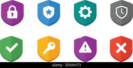 A collection of colorful shield icons featuring essential cybersecurity symbols like locks, keys, and warnings. These flat vector designs are perfect Stock Vector