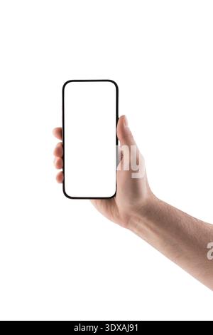Hand holding modern smartphone with blank screen isolated on white background with clipping path Stock Photo