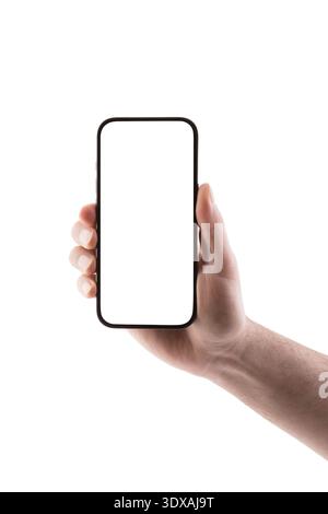Hand holding modern smartphone with blank screen isolated on white background with clipping path Stock Photo