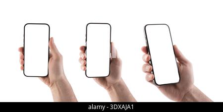 Hand holding modern smartphone with blank screen isolated on white background with clipping path Stock Photo