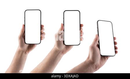 Hand holding modern smartphone with blank screen isolated on white background with clipping path Stock Photo