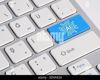 Blue AI button on a modern laptop keyboard, illustrating concepts of artificial intelligence, machine learning, and advanced technology Stock Photo