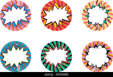 Circle sticker comic starburst with jagged text box and halftone dots on blue, green and pink radial rays. Comic sticker for promo labels, sale Stock Vector