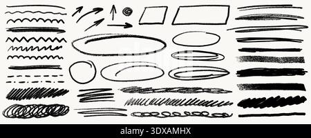 Crayon line highlight scribble arrows and underline strokes in black on white background with doodle circles and boxes. Crayon line highlight elements Stock Vector