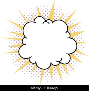 Starburst shape with comic cloud bubble and blank speech frame over yellow rays and purple halftone background. Retro vector star icon sticker for Stock Vector