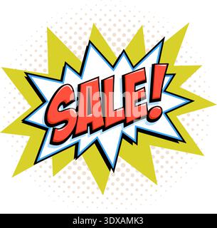 Comic sale starburst with bold red lettering on bright yellow star background and soft halftone dots in retro pop art vector style. Eye catching sale Stock Vector