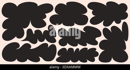 Curvy shape frame collection with bold wavy rectangle and soft cloud silhouettes in black. Organic doodle frames with rounded flowing edges and fluid Stock Vector