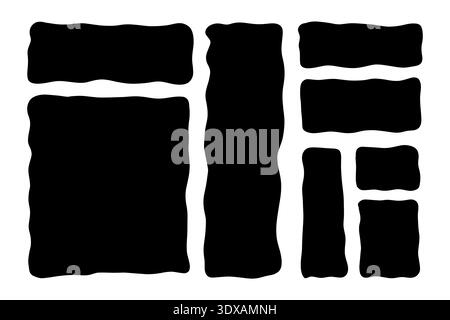 Organic wavy rectangle set. Hand-drawn abstract playful shapes, frames and text boxes. Curvy and irregular geometric borders in black. Modern flat doodle elements isolated on white background. Stock Vector
