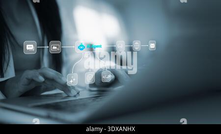 Close up of woman hands using laptop with AI Agent icon and digital processing automation tools for business efficiency. Smart technology concept for Stock Photo