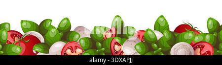 Seamless vegetable border strip with tomatoes and mushrooms Stock Vector