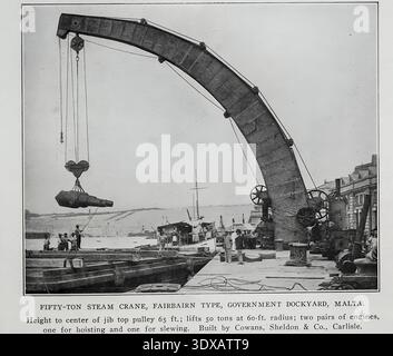 FIFTY-TON STEAM CRANE, FAIRBAIRN TYPE, GOVERNMENT DOCKYARD. MALTA. Height to center of jib top pulley 65 ft.; lifts 50 tons at 60-ft. radius; two pairs of engines, one for hoisting and one for slewing. Built by Cowans, Sheldon & Co., Carlisle. from the Article SHIPYARD CRANES AND THEIR FUNCTIONS IN MARINE CONSTRUCTION. By Jos. S. Shultz, U. S. N. from The Engineering Magazine Devoted to Industrial Progress Volume XXIX April - September 1905 The Engineering Magazine Co Stock Photo