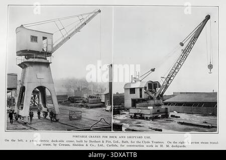 Portable cranes for dock and shipyard use from the Article SHIPYARD CRANES AND THEIR FUNCTIONS IN MARINE CONSTRUCTION. By Jos. S. Shultz, U. S. N. from The Engineering Magazine Devoted to Industrial Progress Volume XXIX April - September 1905 The Engineering Magazine Co Stock Photo
