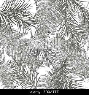 Fern leaf and pine branches black white vector seamless pattern. Botanical repeat background Christmas design. Tropical botany motif for wallpaper Stock Vector