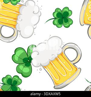 Seamless pattern with beer mugs and clover leaves, for st. patrick's day. St. Patrick's day gift wrapping seamless Stock Vector