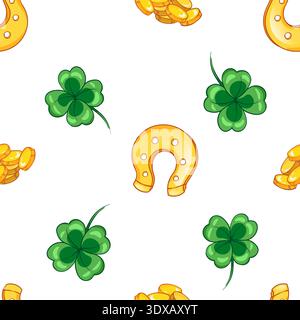Seamless pattern with clover leaves, golden horseshoe, for st. patrick's day Stock Vector