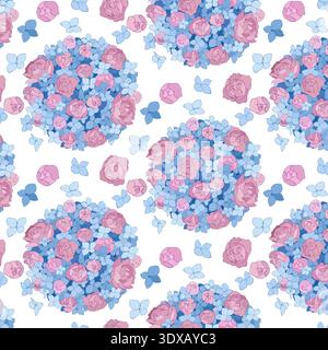 pink peonies and blue hydrangeas, seamless vector pattern. Picture with a round bouquet of flowers Stock Vector