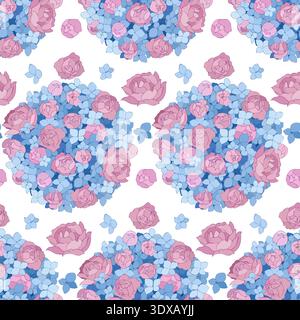 pink peonies and blue hydrangeas, seamless vector pattern. Stock Vector