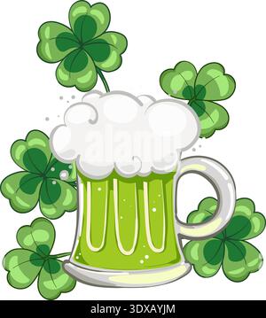 A pixel art of a green beer mug with four leaf clovers Stock Vector