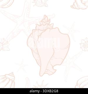 Seashells and starfish on a beige background. Hand-drawn marine illustration in delicate beige and white tones, Stock Vector