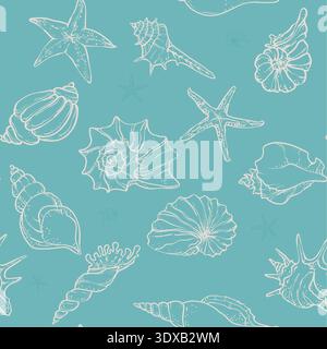 line art illustration of various seashells and starfish on a deep ocean background. . Stock Vector