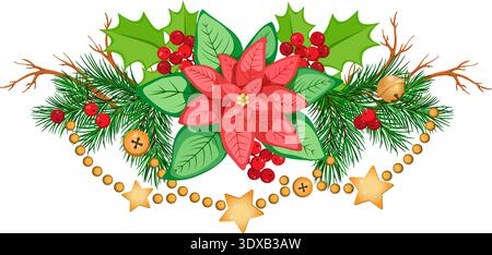 Christmas composition with poinsettia, fir branches, with holly, branches, berries and golden garland. Vector Clip Art Stock Vector