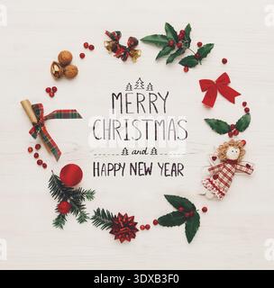 Christmas decoration frame on wooden background Stock Photo
