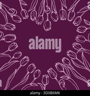 pink flowers tulips on a dark red background, heart frame, vector illustration Stock Vector