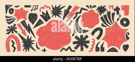 Callout blanks crayon background. Geometric and freeform black and red abstract figures hand drawn scribbles set. Music note, lightning, arrows, heart Stock Vector