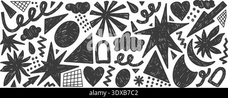 Doodle kids chalk elements abstract shapes. Figures with charcoal texture. Geometric figures, stars, arrow element. Playful scribble stickers pencil y Stock Vector