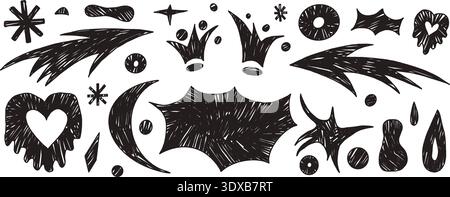Black bang text box and charcoal abstract geometric shapes set. Geometry and organic freeform naive hand drawn doodle figures. Linocut stars, arrows, Stock Vector