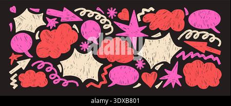 Chalk girly speech bubbles, bangs, cloud and geometric shapes. Abstract irregular pastel figures. Pink arrow, freeform elements, stars and heart form. Stock Vector